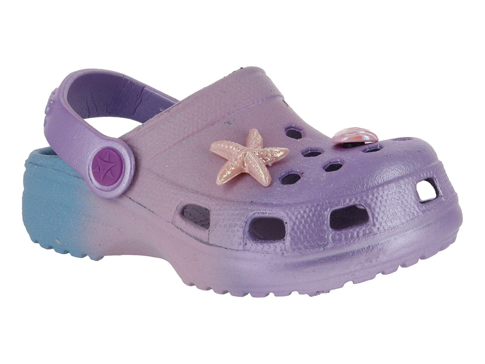 Sandalia tipo zueco con degradado de azul a morado y adorno de estrella de mar rosa.