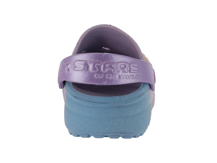 Sandalia tipo zueco con degradado de azul a morado y adorno de estrella de mar rosa.