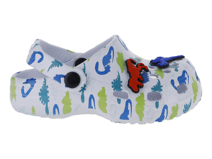 Zuecos blancos para niño con estampado de dinosaurios en azul y verde, incluyendo figuras decorativas en relieve.