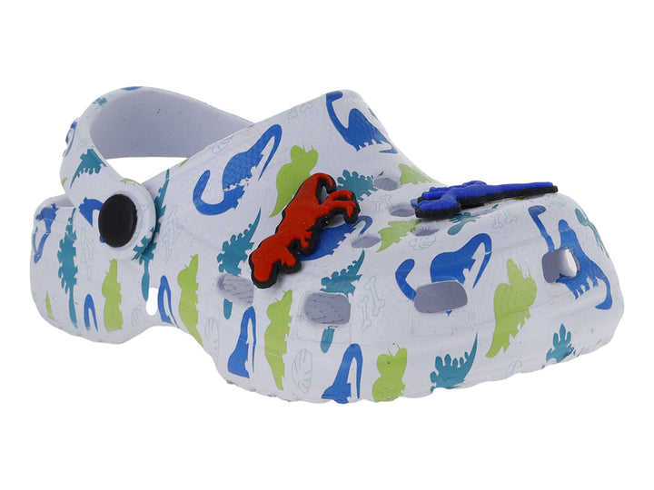 Zuecos blancos para niño con estampado de dinosaurios en azul y verde, incluyendo figuras decorativas en relieve.