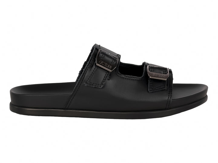 Sandalias Guess color negro con dos correas y hebillas metálicas.