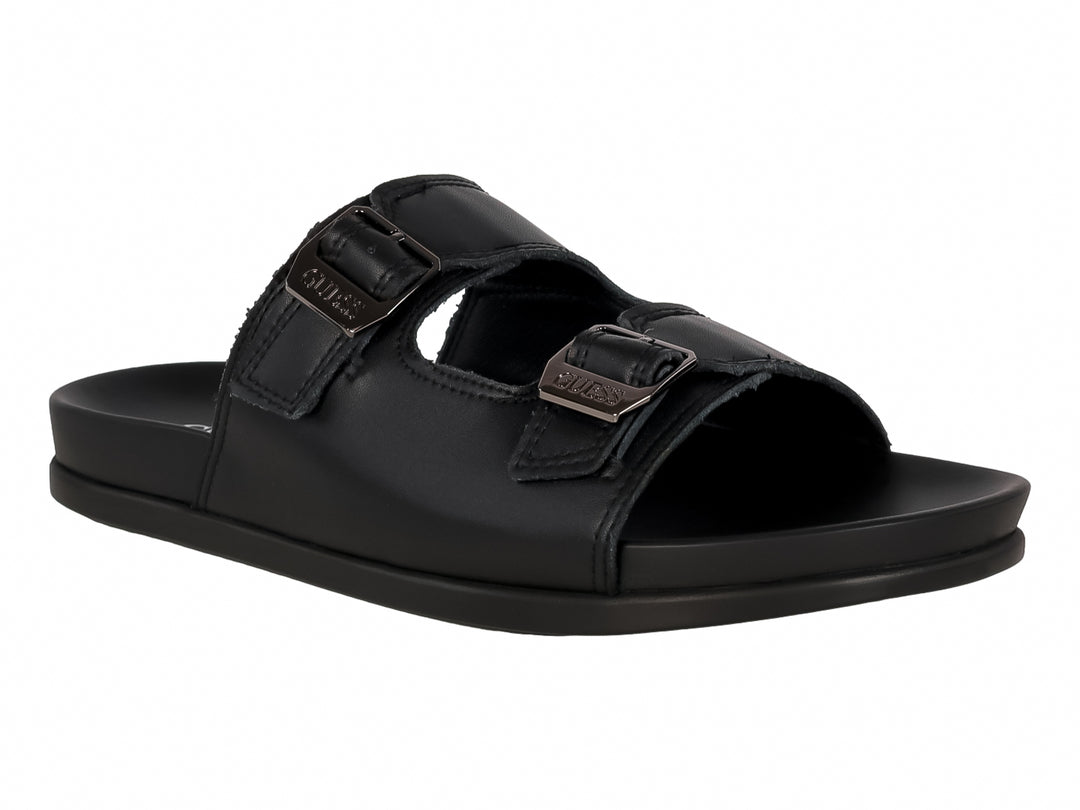 Sandalias Guess color negro con dos correas y hebillas metálicas.