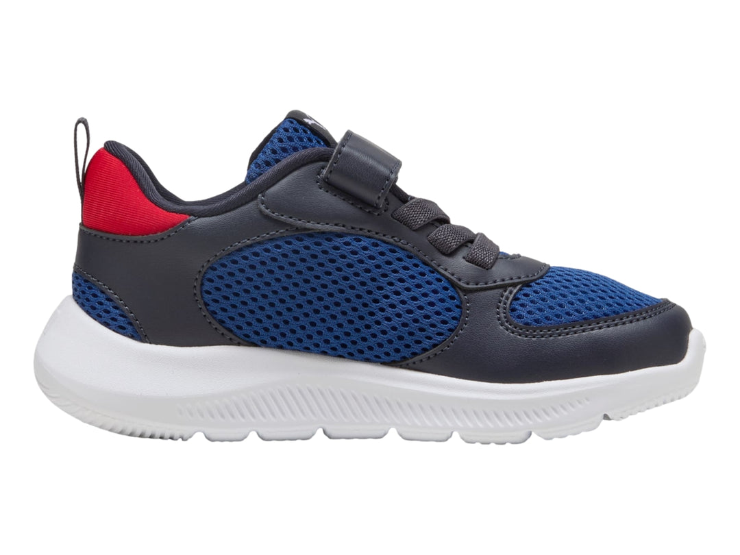 Tenis deportivos PUMA infantiles en azul marino y azul real con suela blanca y detalle rojo en el talón.