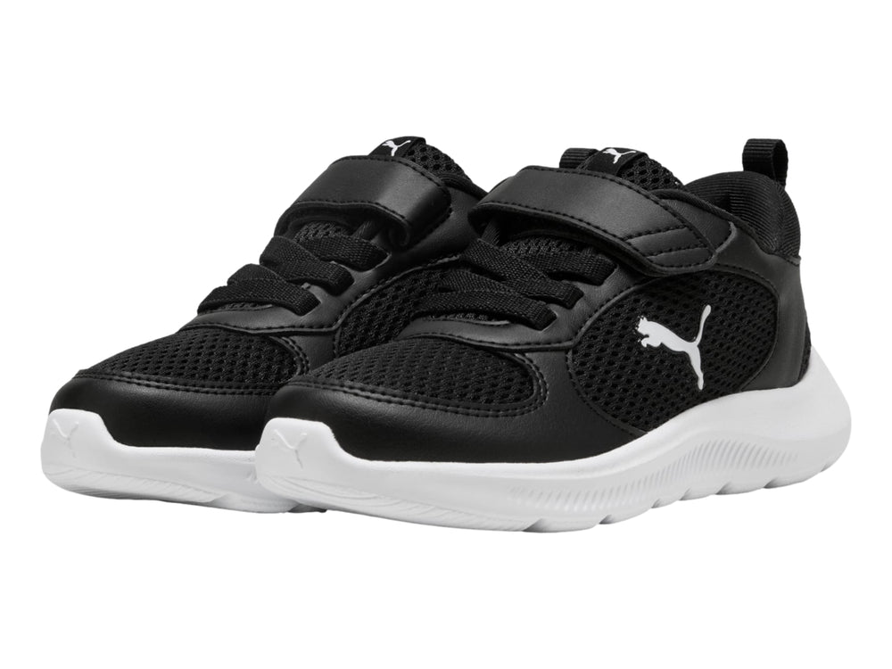 Tenis PUMA Fun Racer 2 AC+ PS en color negro con suela blanca, diseño deportivo para niño o niña.