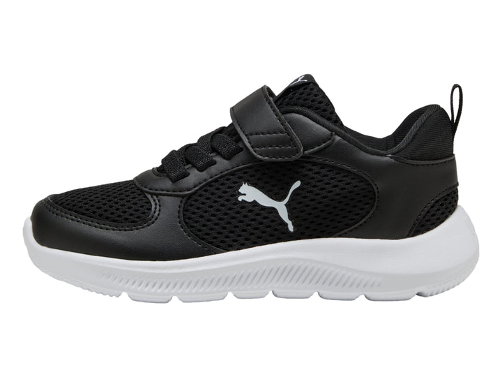 Tenis PUMA Fun Racer 2 AC+ PS en color negro con suela blanca, diseño deportivo para niño o niña.