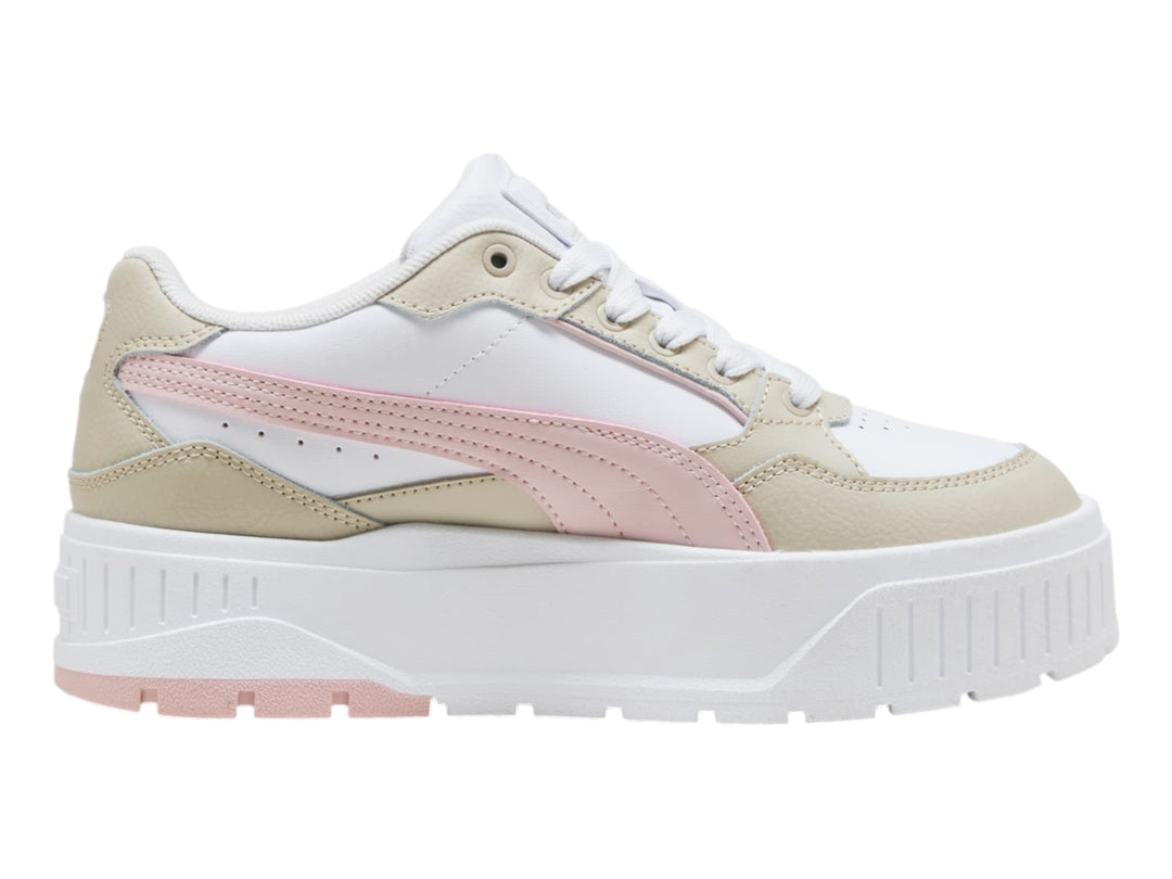 Tenis PUMA Karmen II Idol JR en colores blanco, beige y rosa con suela de plataforma gruesa.