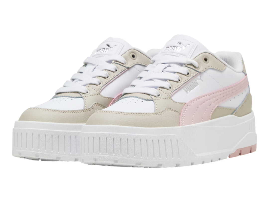 Tenis PUMA Karmen II Idol JR en colores blanco, beige y rosa con suela de plataforma gruesa.