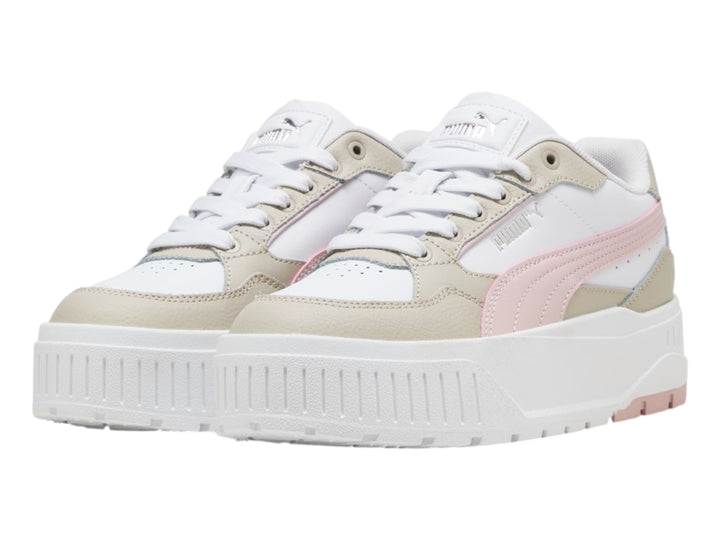 Tenis PUMA Karmen II Idol JR en colores blanco, beige y rosa con suela de plataforma gruesa.