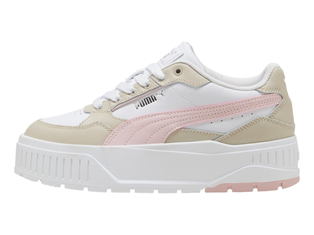 Tenis PUMA Karmen II Idol JR en colores blanco, beige y rosa con suela de plataforma gruesa.