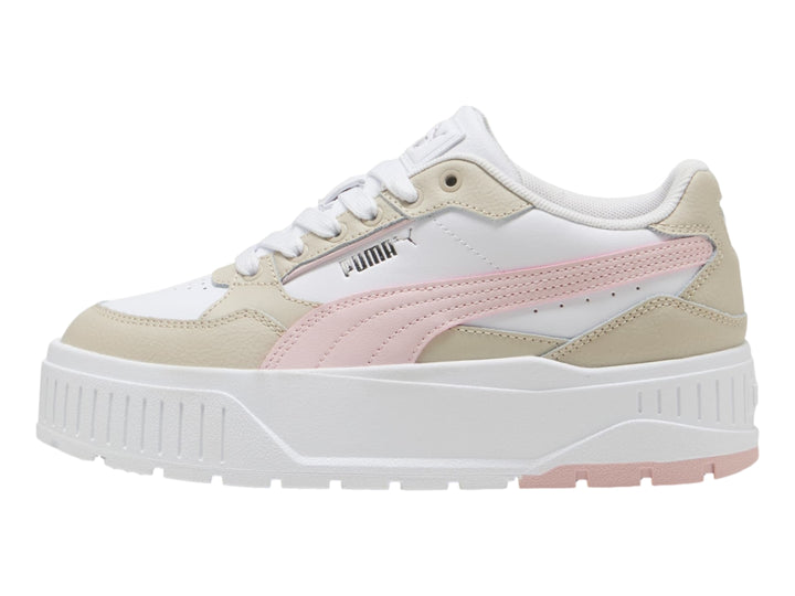 Tenis PUMA Karmen II Idol JR en colores blanco, beige y rosa con suela de plataforma gruesa.