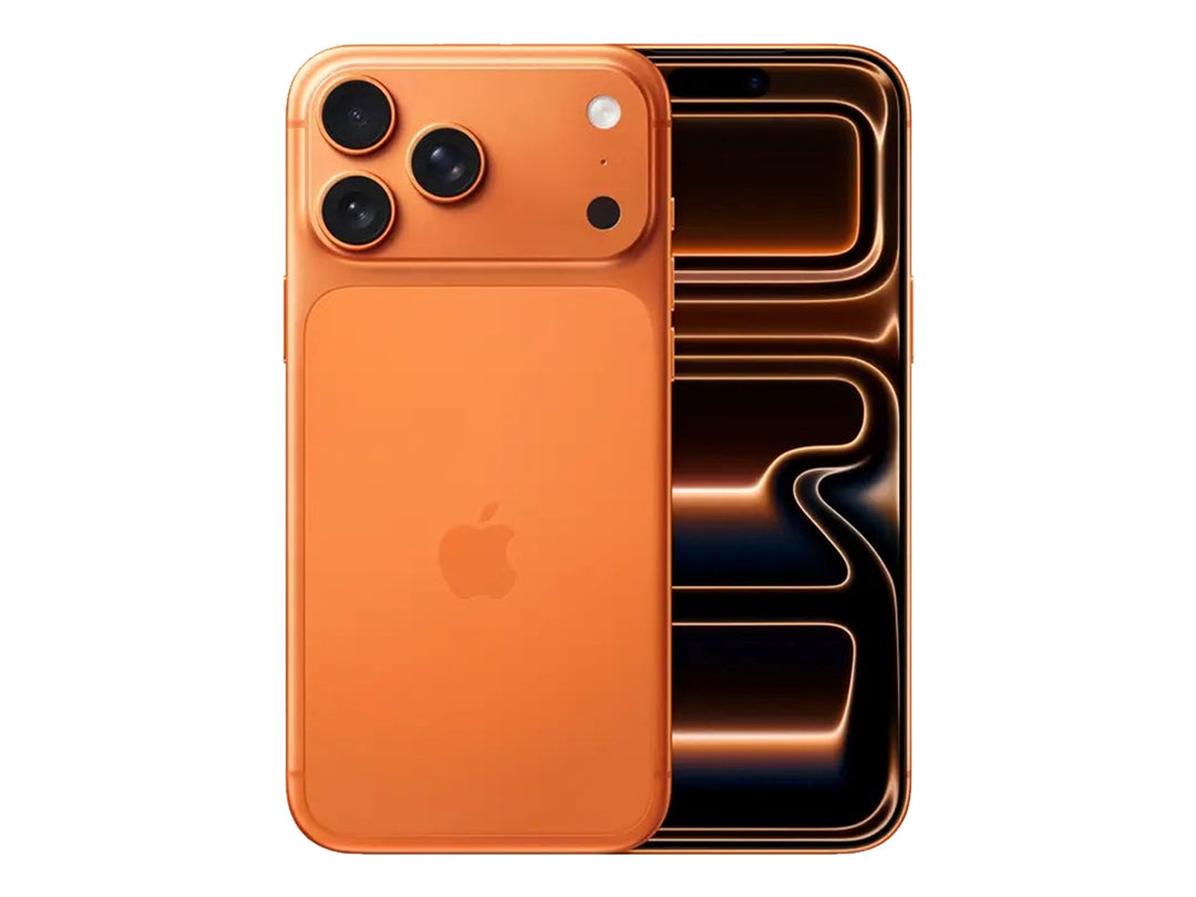 iPhone 17 Pro Max en color naranja con vista trasera y frontal sobre fondo blanco.