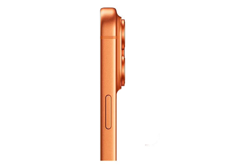 iPhone 17 Pro Max en color naranja con vista trasera y frontal sobre fondo blanco.
