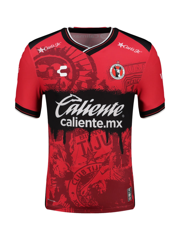 Jersey de fútbol Charly Xolos color rojo con detalles negros y blancos para hombre.