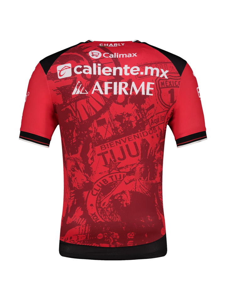 Jersey de fútbol Charly Xolos color rojo con detalles negros y blancos para hombre.