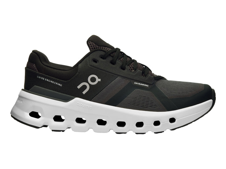 Tenis deportivos ON Cloudrunner 2 en color negro con suela blanca característica de diseño perforado.