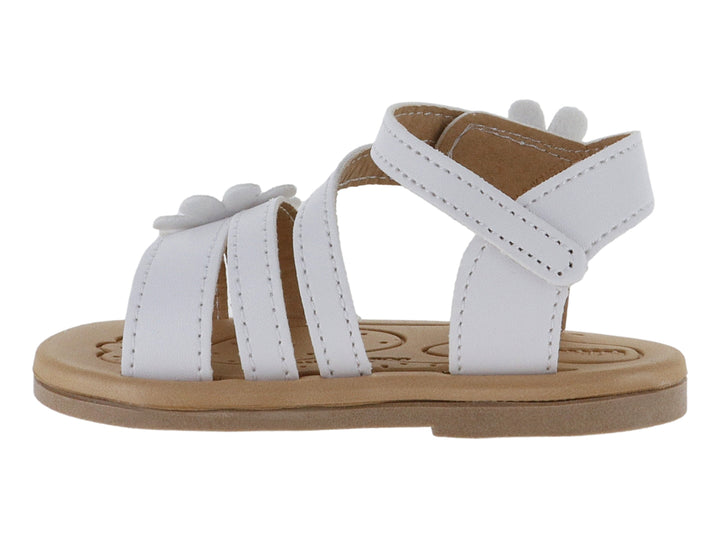 Sandalia blanca para niña con adornos de flores y suela color café.