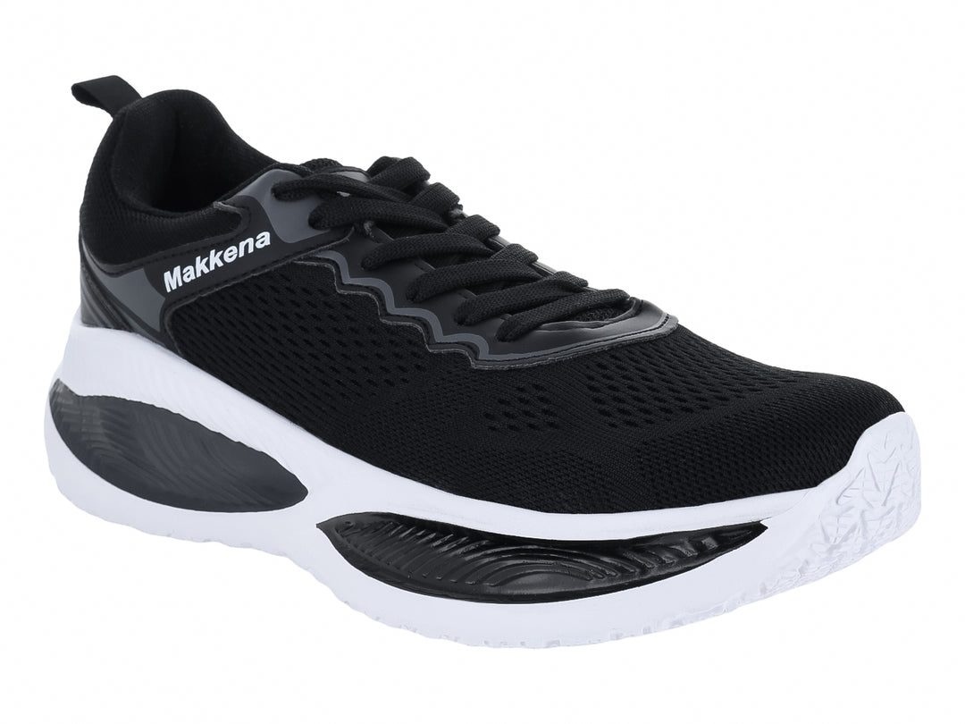 Tenis deportivos color negro con suela blanca y detalles en gris.