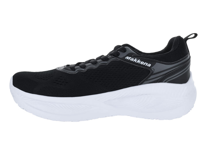 Tenis deportivos color negro con suela blanca y detalles en gris.
