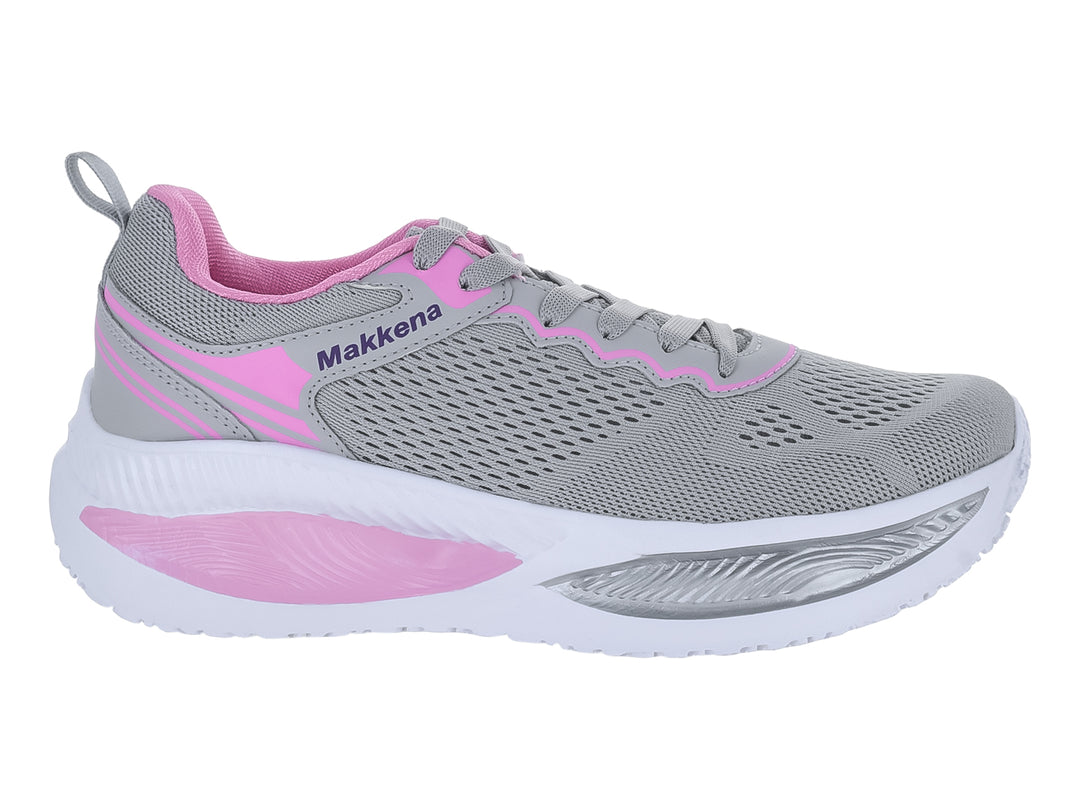 Tenis deportivos color gris con detalles en rosa y suela blanca.