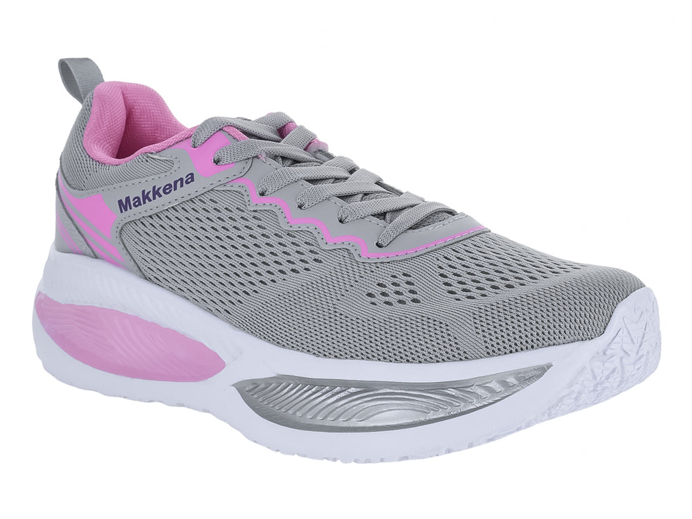 Tenis deportivos color gris con detalles en rosa y suela blanca.