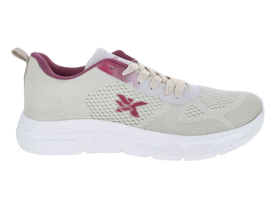 Tenis deportivos Makena color latte con detalles en púrpura y suela blanca.