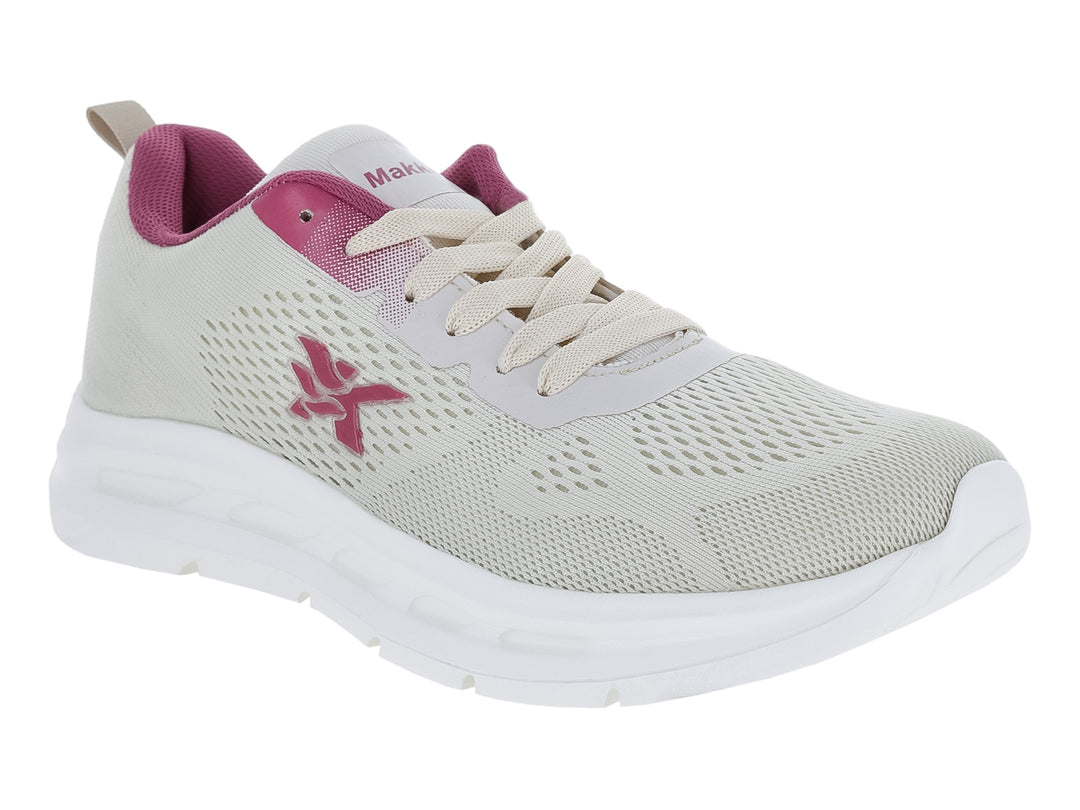Tenis deportivos Makena color latte con detalles en púrpura y suela blanca.