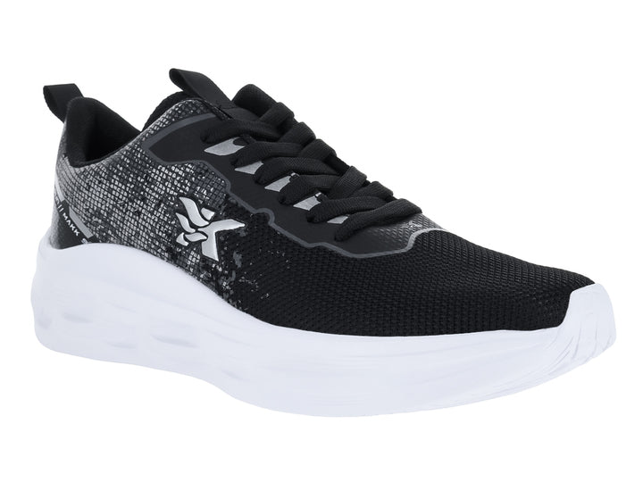 Tenis deportivos marca Makena en color negro con suela blanca y detalles gráficos laterales.