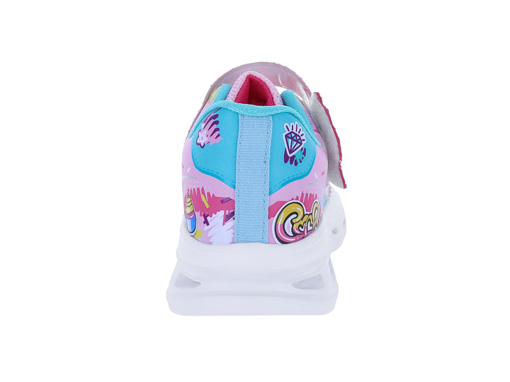 Tenis infantil color rosa con decoraciones coloridas de corazón y frutas, suela blanca y forro turquesa.