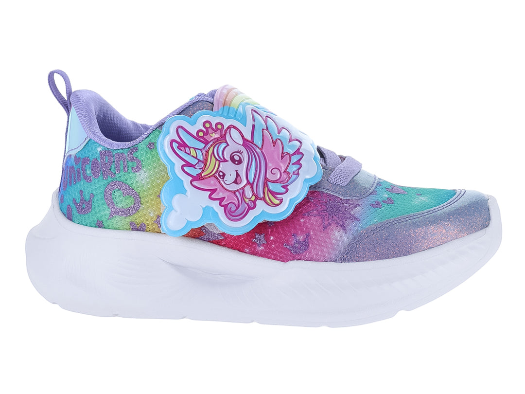 Tenis deportivos infantiles multicolor con diseño de unicornio y suela blanca.