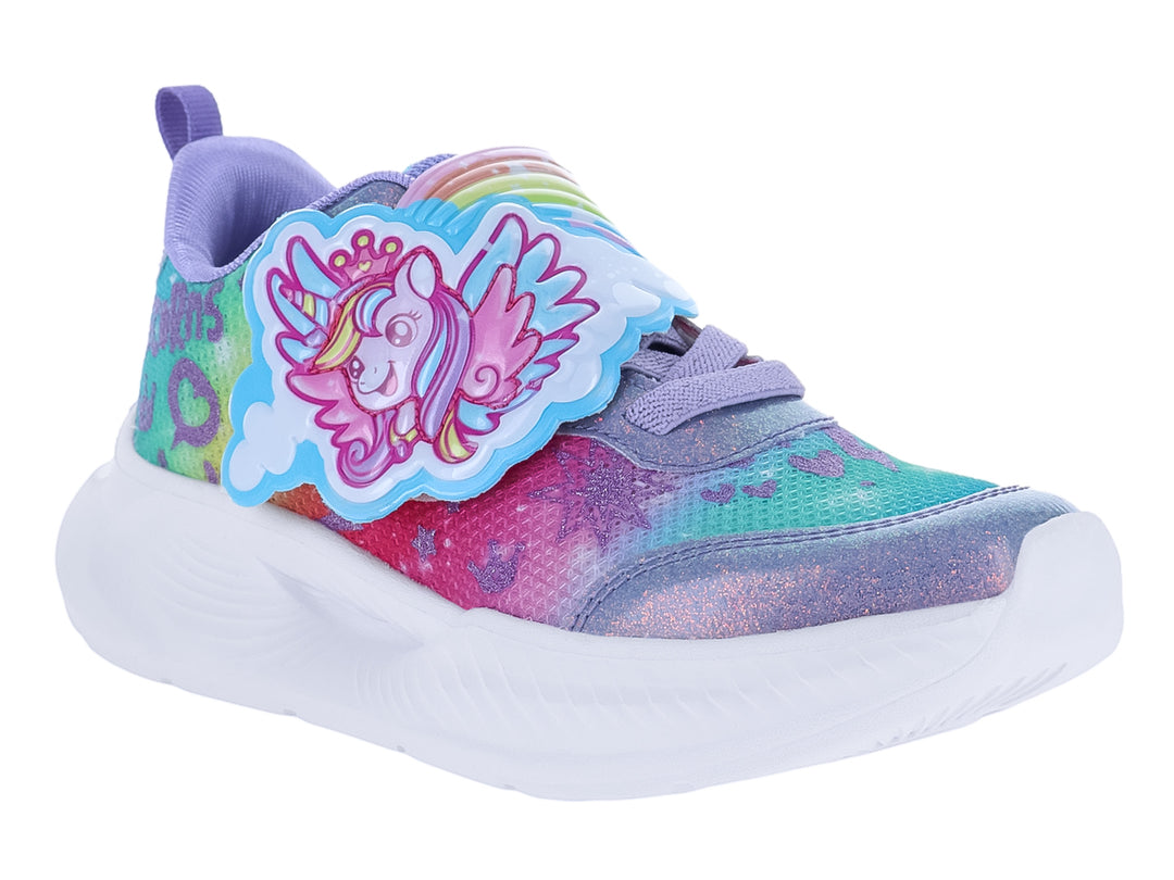 Tenis deportivos infantiles multicolor con diseño de unicornio y suela blanca.