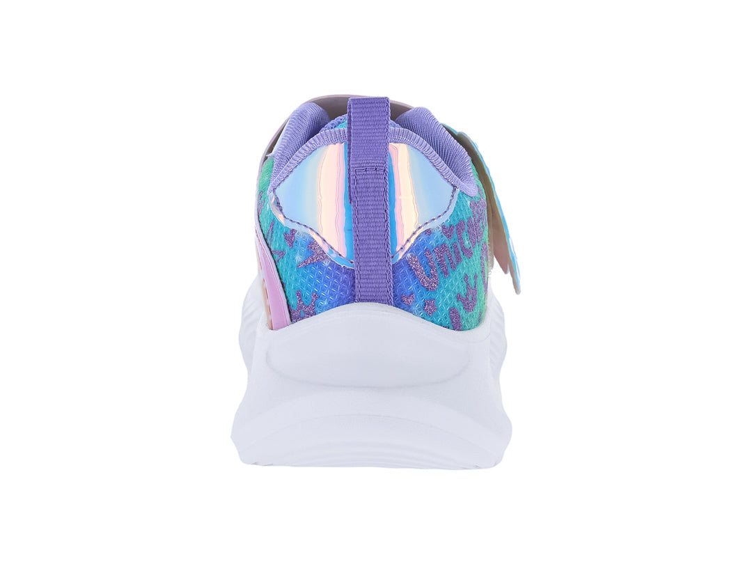 Tenis deportivos infantiles multicolor con diseño de unicornio y suela blanca.