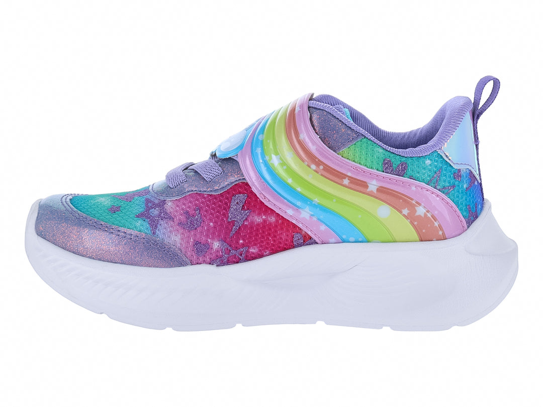 Tenis deportivos infantiles multicolor con diseño de unicornio y suela blanca.