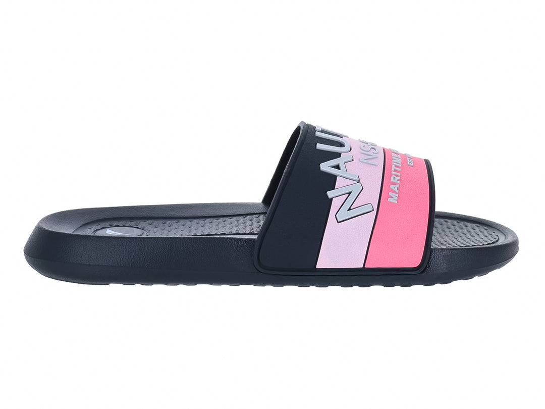 Sandalia tipo slide Nautica en color negro con franja en tonos rosa y letras blancas.