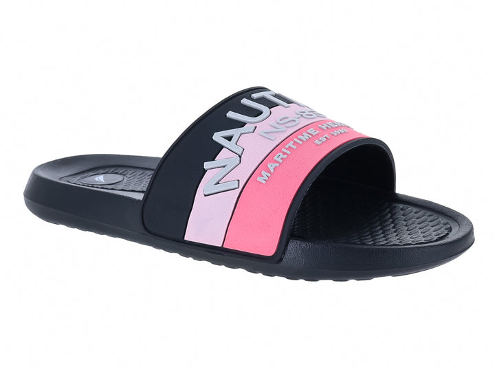 Sandalia tipo slide Nautica en color negro con franja en tonos rosa y letras blancas.