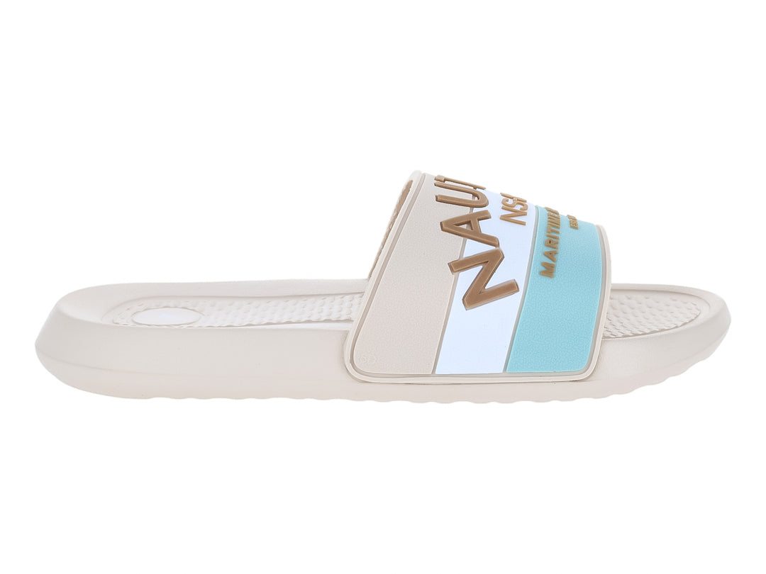 Sandalia deslizable Nautica color arena con franja azul y blanca en la correa.