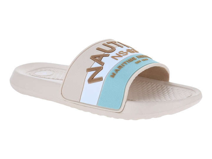 Sandalia deslizable Nautica color arena con franja azul y blanca en la correa.