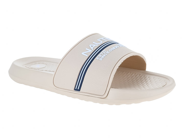 Sandalia Nautica color beige con banda ancha y detalle en azul, diseño casual y cómodo.