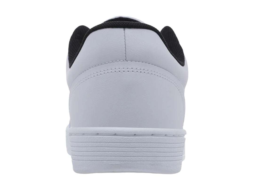 Tenis K-Swiss color blanco con detalles en negro y suela blanca, vista lateral.