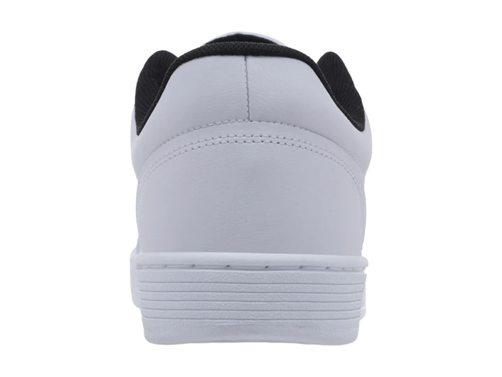 Tenis K-Swiss color blanco con detalles en negro y suela blanca, vista lateral.