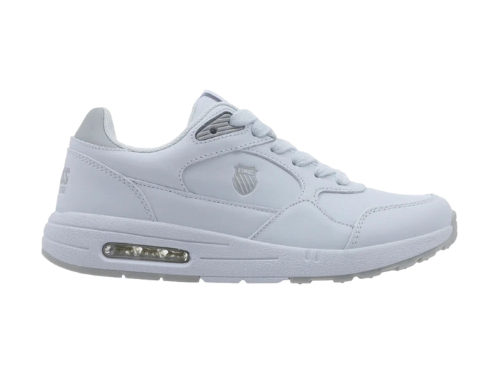 Tenis K-Swiss Maxwell V en color blanco con detalles en gris y suela blanca con cámara de aire visible.