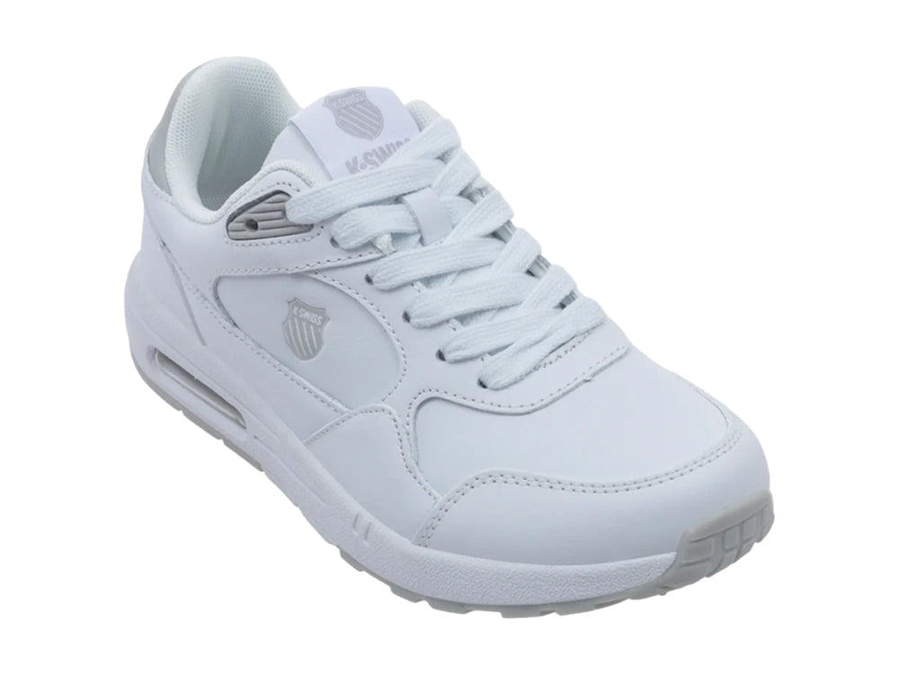 Tenis K-Swiss Maxwell V en color blanco con detalles en gris y suela blanca con cámara de aire visible.