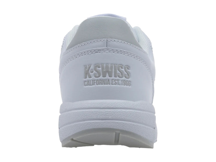 Tenis K-Swiss Maxwell V en color blanco con detalles en gris y suela blanca con cámara de aire visible.