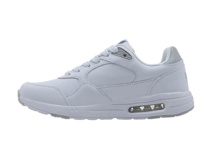 Tenis K-Swiss Maxwell V en color blanco con detalles en gris y suela blanca con cámara de aire visible.