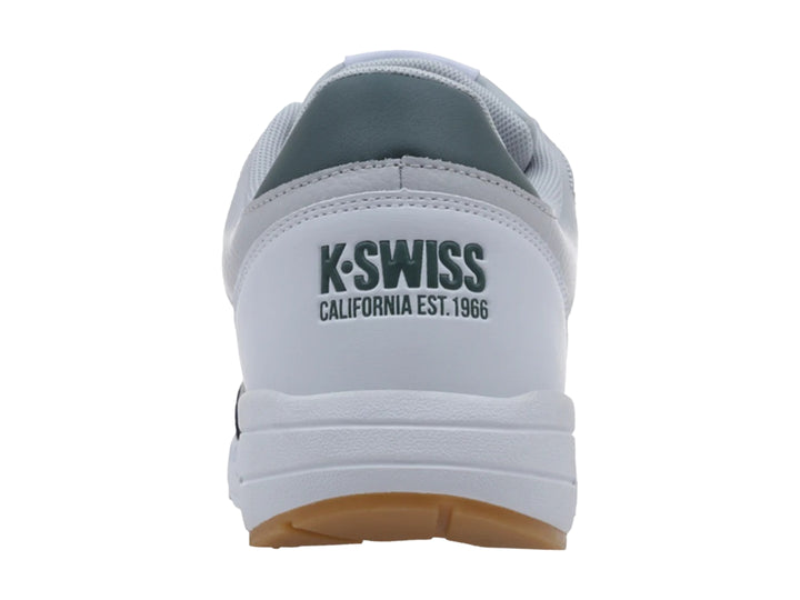Tenis K-Swiss Maxwell en colores blanco, gris y verde con suela marrón y amortiguación visible.