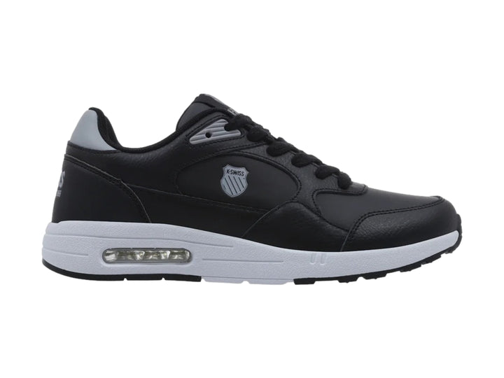 Tenis K-Swiss Maxwell en color negro con suela blanca y detalles en gris.