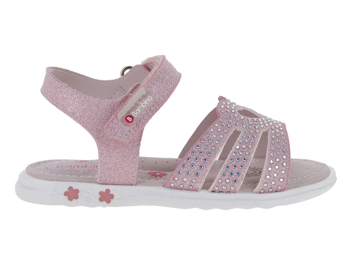 Sandalia rosa para niña con acabado brillante, detalles de pedrería y suela blanca con flores.