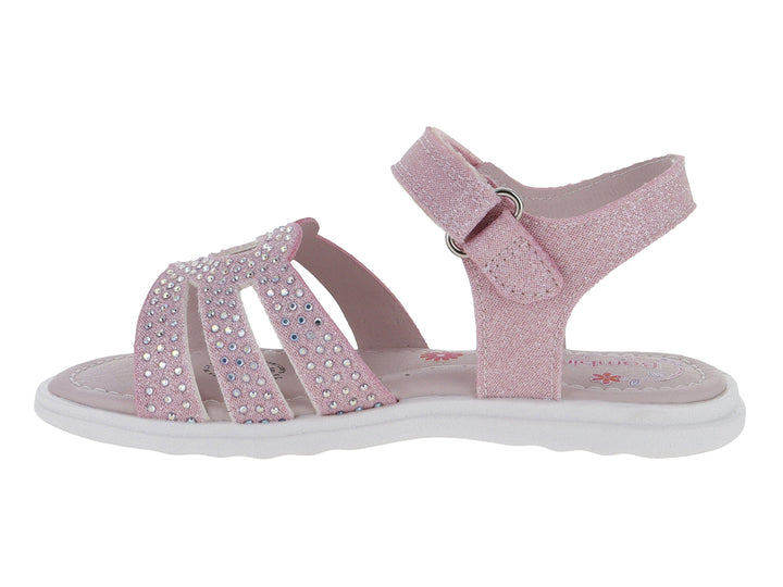 Sandalia rosa para niña con acabado brillante, detalles de pedrería y suela blanca con flores.