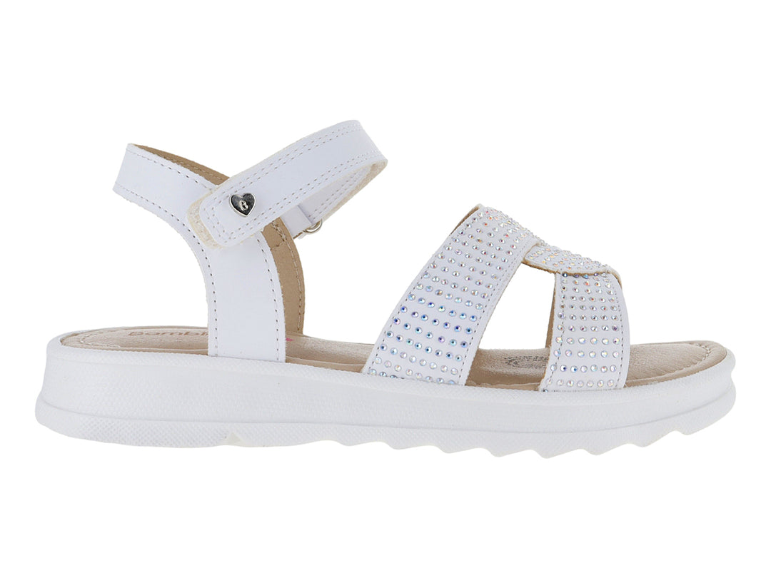 Sandalia blanca de plataforma para niña con tiras decoradas con pedrería y cierre de velcro.