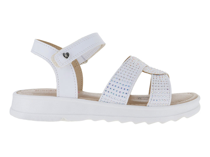 Sandalia blanca de plataforma para niña con tiras decoradas con pedrería y cierre de velcro.