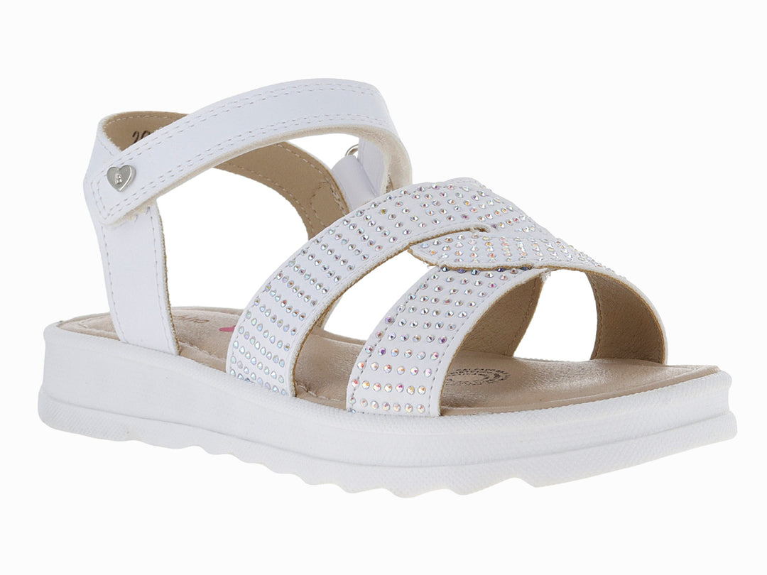 Sandalia blanca de plataforma para niña con tiras decoradas con pedrería y cierre de velcro.